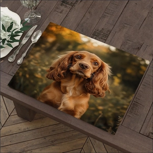 Detail view of cotton linen placemat with printed cocker spaniel dog portrait on wood table