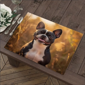 Detailed close-up of a printed linen placemat featuring a Boston Terrier in a field