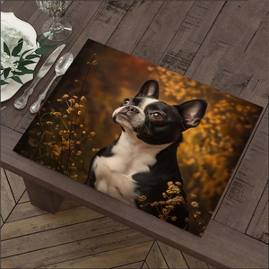 Close-up of linen dining mat featuring realistic French Bulldog print on a wooden table