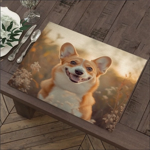 Close-up of a smiling Corgi print placemat on wooden table with elegant tableware