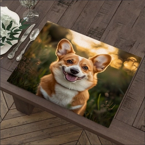 Detail of linen cotton placemat with lifelike Corgi print on dark wooden dining table