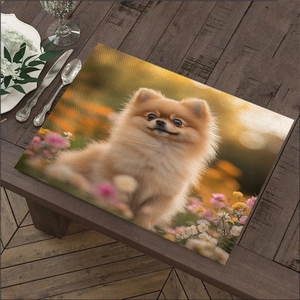 Detail of cotton linen placemat featuring a realistic Pomeranian dog print in flowers