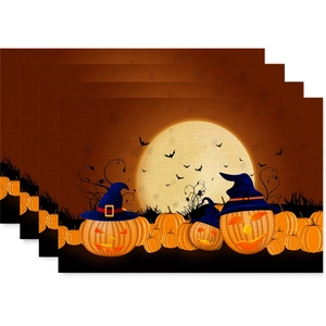 Set of 4 Halloween linen placemats with pumpkin, bat and wizard hat holiday print