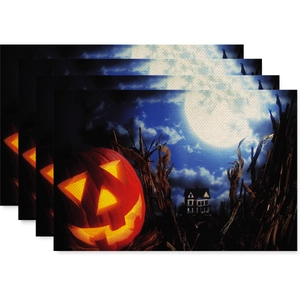 Set of 4 Nordic Halloween linen placemats featuring pumpkin and full moon festive designs