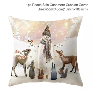 Macro detail of Christmas peach skin pillow cover showing winter animal illustration and 45x45cm size
