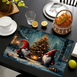 Christmas gnome placemat with glowing tree print on heat-resistant linen fabric