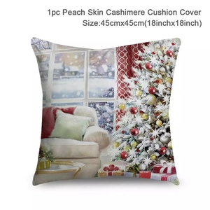 Detail of Christmas pillowcase in peach skin fabric with holiday tree and gift pattern