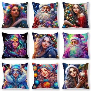 Housse De Coussin De Noël Peau De Pêche Polyester Impression Numérique Père Noël Dessin Animé Style Peinture À L'huile Carrée Décoration Maison