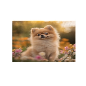 Linen placemat featuring a realistic Pomeranian dog print for festive table decor