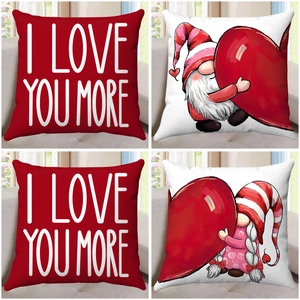 Set of four Valentine's Day pillow covers with red heart prints and cute gnome designs