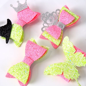 Pink and green glitter witch hat and crown bow hair clips for kids birthday party props