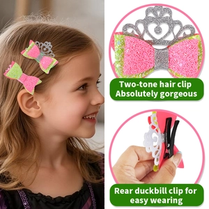 Two-tone pink and green glitter bow hair clip with silver crown for themed parties