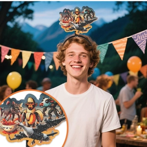 Detail eines Party-Haarreifs mit surrealistischen Affen- und Kreaturen-Illustrationen