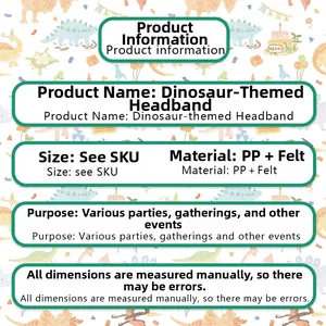 Specifications for dinosaur felt headband showing PP material and party usage details