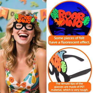 Detail of neon dinosaur party glasses with ROAR DINO felt motifs and glowing effect