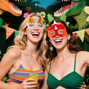 Kids dinosaur party glasses and red felt mask for birthday celebrations and photo props