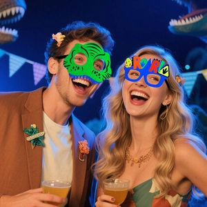 Kids dinosaur themed party mask and roar glasses set for birthday dress-up celebrations