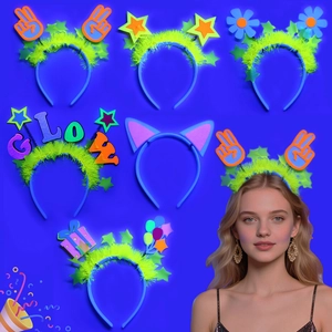 Neon glow party headbands set featuring GLOW letters and stars for birthday events