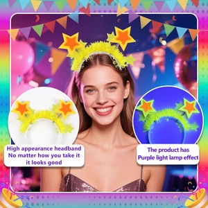 Neon yellow party headband with plush stars glowing under UV light for birthdays
