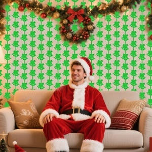 Close-up of green bell-shaped festive garland for Christmas party wall backdrop decor