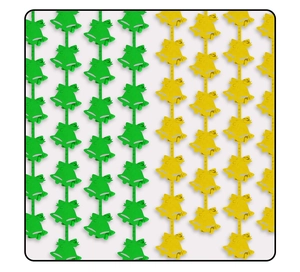 Detailed view of 2M Christmas bell foil fringe curtain with festive green and gold bells