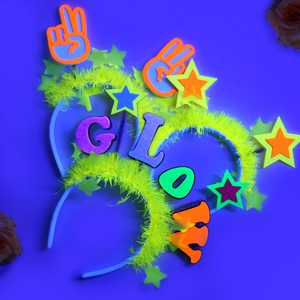 Neon glow party headbands with GLOW letters and stars for birthday party decorations