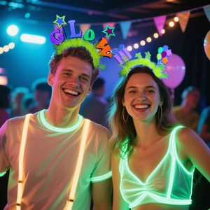 Neon glow party accessory set including GLOW headband and glowing suspenders for nightlife