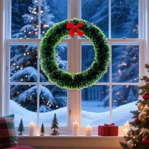 Festive Christmas wreath with red bow hanging on window with snowy night background