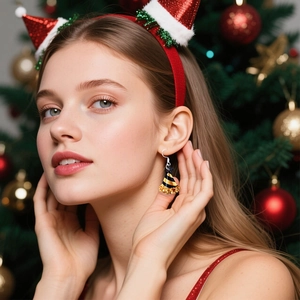 Close-up of black and gold striped party hat earrings with glitter on female model