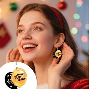 Detail of yellow and black New Year balloon earrings with festive Happy New Year printing