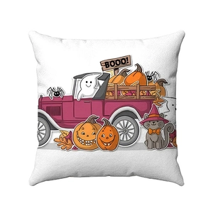 Halloween linnen kussensloop met vintage rode vrachtwagen, pompoenen en spoken