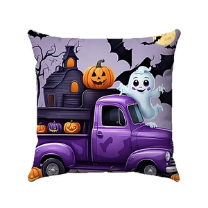 Halloween linnen kussensloop met paarse vrachtwagen en spook voor bankdecoratie