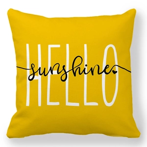 Square yellow linen pillowcase with HELLO sunshine print and heart graphic detail