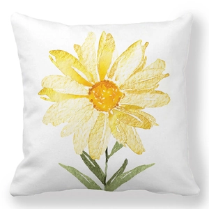 Close-up of artistic yellow daisy watercolor print on white linen pillowcase texture