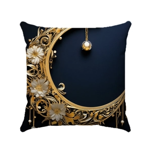 Detail of luxury Christmas pillowcase with golden floral moon and pearl ornament on blue