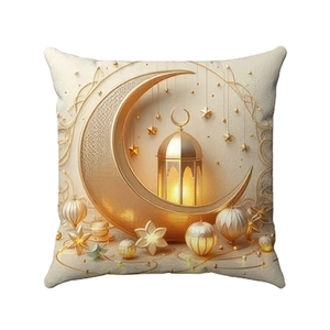 Detailed view of luxury Ramadan cushion cover with golden moon and 3D lantern printing