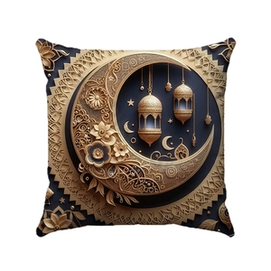 Detailed embroidery of golden crescent moon and lantern on blue festive pillowcase