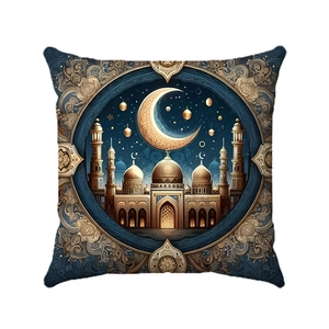 Detail of luxury square pillow cover with golden crescent moon and mosque pattern
