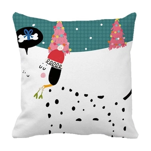 Linen Christmas pillow case with festive truck and pink pine trees on white background