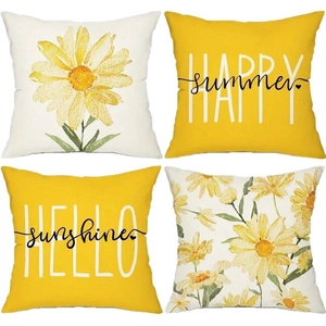 Set of 4 yellow daisy linen pillow covers with Happy Summer and Hello Sunshine text