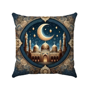 Deep blue festive square pillow cover featuring golden mosque and crescent moon patterns