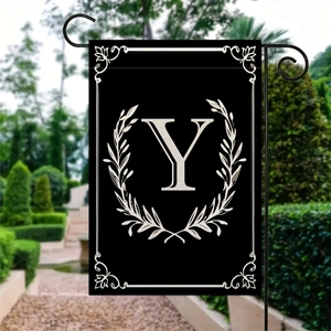 Bandiera da giardino con lettera Y, corona d'alloro e supporto in metallo nero