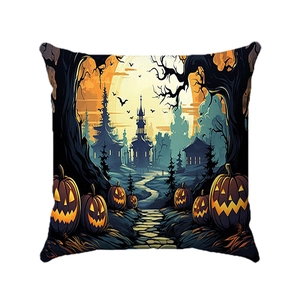 Detailed close-up of Halloween pillow cover featuring vibrant pumpkin and castle prints