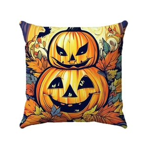 Halloween decorative pillow case with stacked pumpkin face design and autumn leaves motif