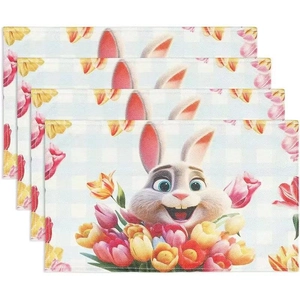 Set of four woven Easter placemats with cartoon bunny and vibrant tulip flower pattern
