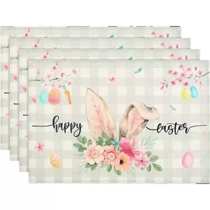 Set of four Easter placemats with gray plaid pattern, bunny ears, and pink flower designs