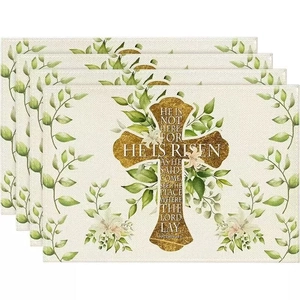 Four-piece Easter place mat set with gold cross and Matthew 28:6 Bible verse print
