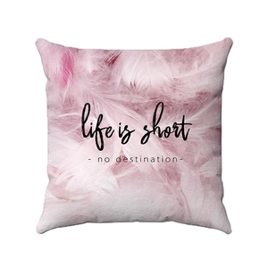 Pink ice cream soft square pillow with Life is short quote and feather texture patterns
