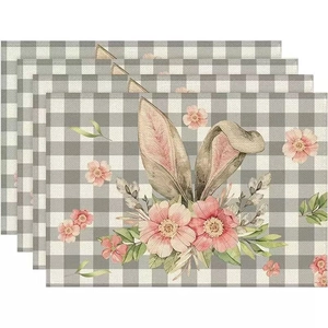 Set of 4 Easter placemats with grey buffalo plaid and floral bunny ear patterns