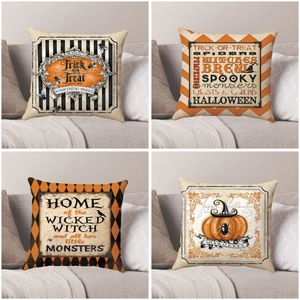 Close-up of four Halloween pillow covers showing high-quality fabric texture and festive prints